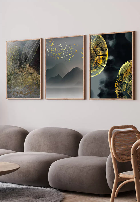 Moody Leaves Real Gold Set Of 3 Posters 50x70cm